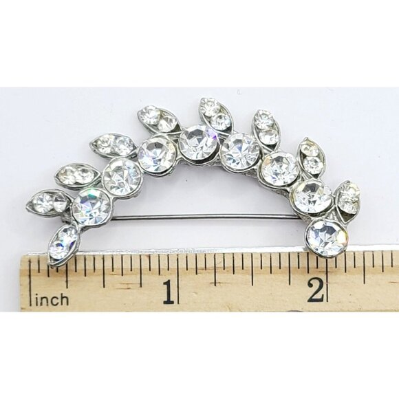 Vtg Rhinestone Laurel Leaves Brooch Flower Leaf Silver Tone w/ Clear Pin - Picture 5 of 6